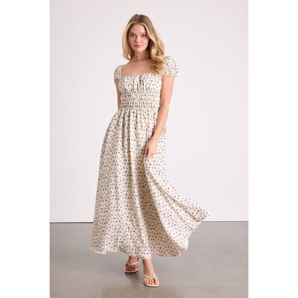 Lulus Wanda Ivory Ditsy Floral Tie-back Puff Sleeve Maxi Dress White - Size M